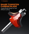 Close-up of Pro Grade 7 Piece Top Bearing Roundover Router Bit Set With Quarter Inch Shank Carbide Inserts showing carbide blade
