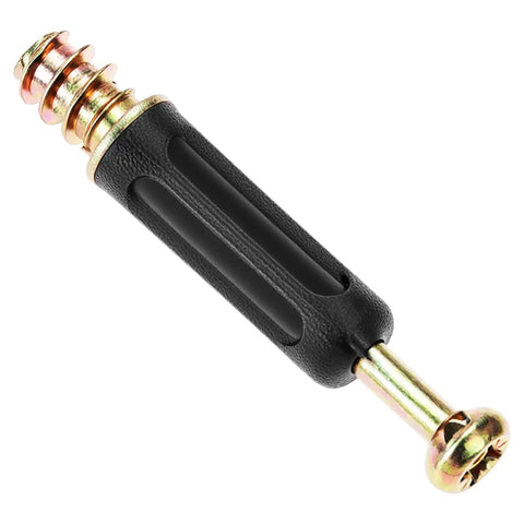 Top Shelf Eccentric Cabinet Connectors, 50 Pairs Of M6 X 40 Mm Zinc Alloy Screw In Dowels close-up of a screw in dowel with black handle.