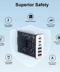 GaN Desktop Charging Hub 165W Six-Port USB C And USB A Fast Charger with safety features and protection icons