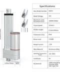 12V Heavy Duty Linear Actuator, 12 Inch Stroke, 220 Lb Load, 1000N Electric Actuator With Mounting Bracket, shown with specs chart.