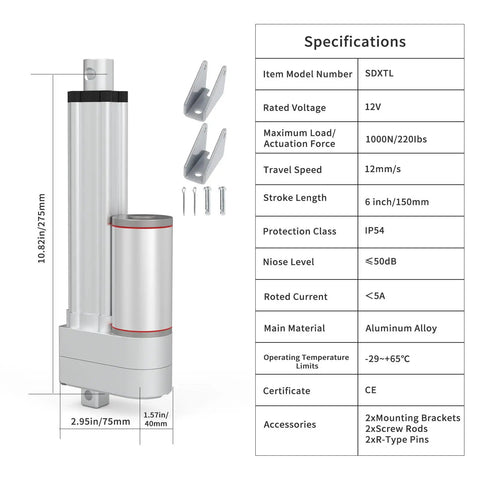 12V Heavy Duty Linear Actuator, 12 Inch Stroke, 220 Lb Load, 1000N Electric Actuator With Mounting Bracket, shown with specs chart.