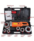 No Sweat 2300W Portable Electric Pipe Threading Machine With All Copper Motor And Six Built Tough Die Heads For Plug And Play Threading Of One Half To Two Inch Galvanized Iron Pipe in toolbox with accessories.
