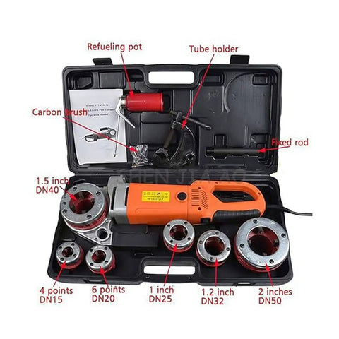 No Sweat 2300W Portable Electric Pipe Threading Machine With All Copper Motor And Six Built Tough Die Heads For Plug And Play Threading Of One Half To Two Inch Galvanized Iron Pipe in toolbox with accessories.