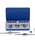 Heavy Duty Alloy Steel Tap Die Kit For Thread Repair With 11 Taps And 11 Dies Plus Wrenches In Iron Storage Box, CNC Tool Set For Manual Hardware And Industrial Projects. open blue case with alloy taps, dies and wrenches