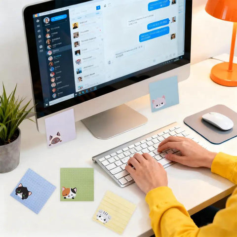 Cat Themed Sticky Notes 9 Pack 450 Sheets Lined Post It Notes Self Adhering Memo Pads on a desk with a computer setup