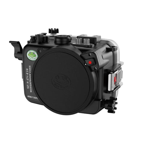 Underwater Housing For Sony ZV-E10 With Dome Port, Waterproof To 40 Meters 130 Feet, side view showcasing button access.