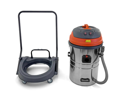 Professional Industrial Wet Dry Shop Vac With Dual 2000 Watt Motors And Massive 21 Gallon Tank and wheeled base setup.