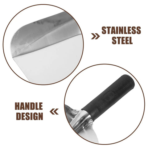 Close-up of Stainless Steel Garden Hand Trowel Go To Transplanting And Soil Loosening Tool Small Square Shovel showing blade and grip