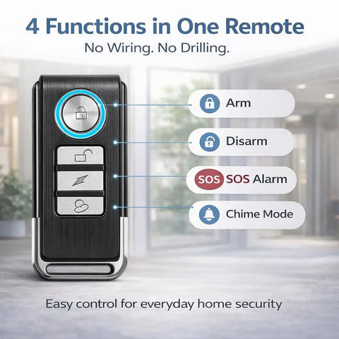 Wireless Remote Door And Window Alarm With Magnetic Sensor key fob showing arm, disarm, SOS, and chime functions.
