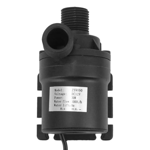 Front view of Ultra Quiet Brushless Water Pump 12V DC 30W Submersible And IP68 Waterproof Delivers 1000 GPH Flow With An 8ft Lift