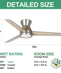 Dope Flush Mount Ceiling Fan With Remote Control, 52 Inch, Antique Nickel, Three Blade Ceiling Fan With Dimmable LED Light