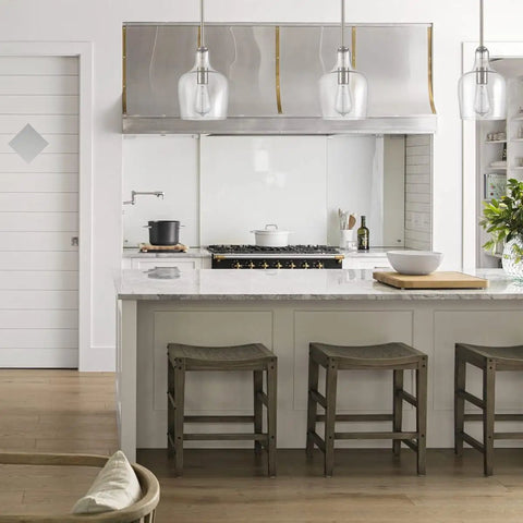 Modern Farmhouse Glass Pendant Light For Kitchen Island In Brushed Nickel Hand Blown Teardrop Shade 1 Light in stylish kitchen