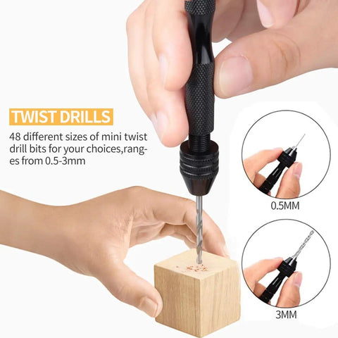 Using a 62 Piece Pin Vise Hand Drill Bits Set Micro Twist Kit for precise drilling into a small wooden block.