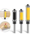 Premium 1/2 Inch Double Bearing Flush Trim Router Bit With 6mm Or 1/4 Inch Shank showcased in a trio, highlighting different sizes and design for precise wood trimming.