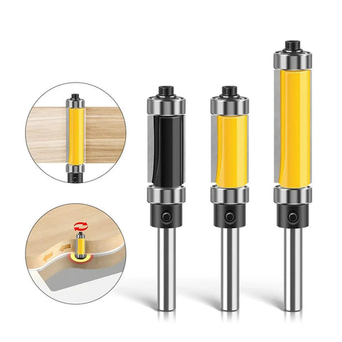 Premium 1/2 Inch Double Bearing Flush Trim Router Bit With 6mm Or 1/4 Inch Shank showcased in a trio, highlighting different sizes and design for precise wood trimming.