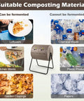 Image of suitable and unsuitable materials for Dual Chamber Compost Tumbler 360 Degree Rotating Drum With Stirring Blades For Nonstop Backyard Garden Compost Coffee Wood Like Grain Finish For Outdoor Use And Garden Enthusiasts, including food and garden waste versus plastics and paper.