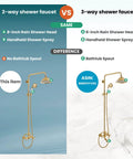 Comparing 2-way vs 3-way polished gold exposed shower faucet system with 8 inch rainfall shower head and handheld spray.