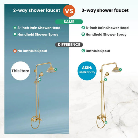 Comparing 2-way vs 3-way polished gold exposed shower faucet system with 8 inch rainfall shower head and handheld spray.