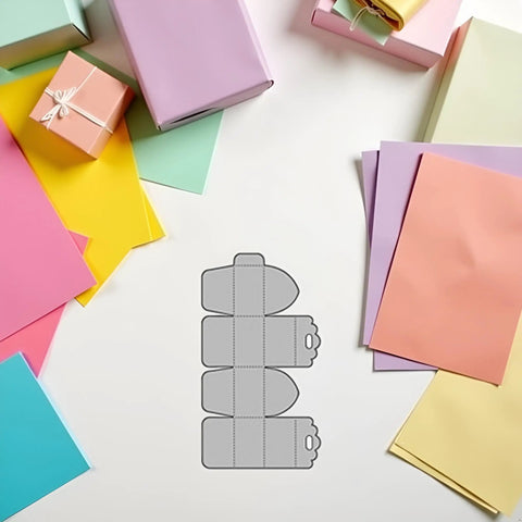 Metal Cutting Dies Set For DIY Scrapbooking Cards Gift Box Embossing Stencil Kit, surrounded by colorful paper and gift boxes