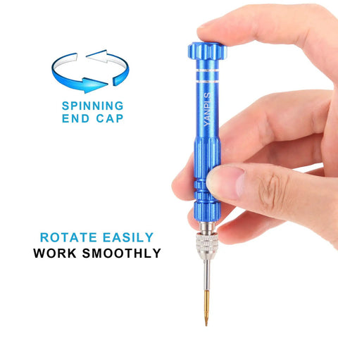 Hand holding Ultra Handy Mini Precision Screwdriver with blue non-slip handle and magnetic bit, showing spinning end cap feature