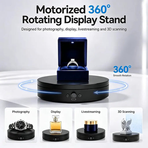 Motorized Rotating Display Stand 7.87 Inch Electric Spinning Turntable With Silent Operation High Speed Adjustable Base For Jewelry Photography And 3D Scanning Projects, showcasing a ring in a display box.