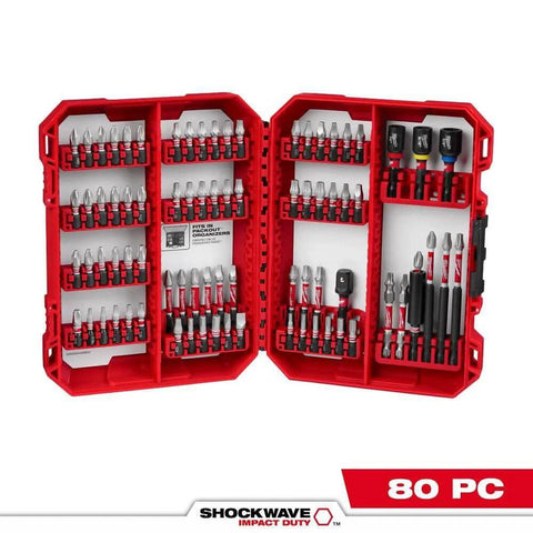 Milwaukee Shockwave 80-piece driver bit set in red carrying case, open view