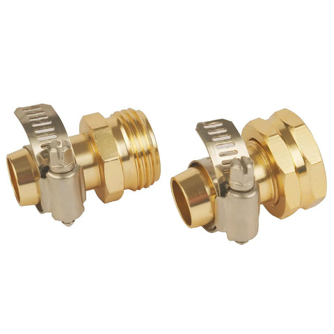 Close-up of 4 Pack Garden Hose Repair Kit With 3/4 Inch And 5/8 Inch Hose Couplers, Aluminum Mender Set, showing couplers and clamps.