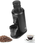High Performance Eighty Millimeter Flat Burr Electric Coffee Grinder Serving Kickin Espresso Grounds With Stepless Dial Control and anti-static hopper.