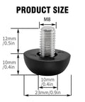 M8 adjustable furniture leg leveler showing dimensions, featuring stainless steel body and cushioned nylon base, ideal for stable furniture.