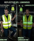 Image comparing Straight Up Heavy Duty High Visibility Reflective Safety Vest With Custom Logo Printing For Outdoor Crews Bright Yellow Hi Vis.