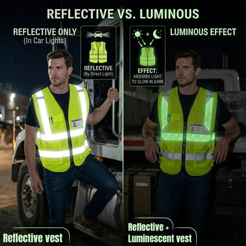 Image comparing Straight Up Heavy Duty High Visibility Reflective Safety Vest With Custom Logo Printing For Outdoor Crews Bright Yellow Hi Vis.
