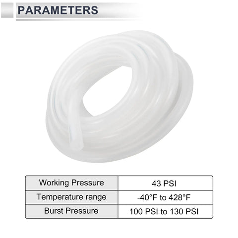 High Temp Silicone Vacuum Hose For Automotive Use, Ten Feet Long, One Quarter Inch Inner Diameter, Eleven Millimeter Outer Diameter, Wall Thickness Two Point Five Millimeters, Clear, Built To Handle Up To One Hundred Thirty Psi, One Piece coiled with pressure and temperature specifications.