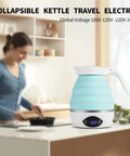 Collapsible Travel Electric Kettle Portable Foldable Water Boiler For Tea And Coffee Dual Voltage 110V 220V 850W BPA Free Silicone Blue