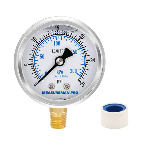 Low Pressure Glycerin Filled Pressure Gauge 0 To 30 Psi KPa 304 Stainless Steel Case One Quarter Inch NPT Lower Mount Lead Free