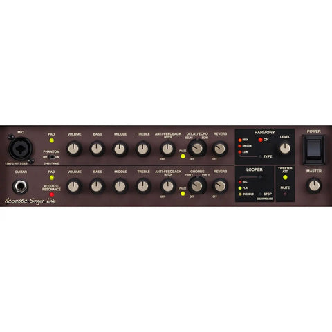 Front panel controls of 60W Acoustic Guitar And Vocals Combo Amplifier With Real-Time Harmony, Guitar Chorus, and Effects.