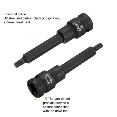 Two Piece M6 Triple Square Bit Socket Set 100mm Length 3.94 Inches One Half Inch Drive Extension For Impact Power Nut Driver Bits S2 Steel Black