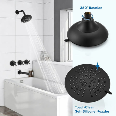 Three-Handle Tub And Shower Faucet Set with Wall Mount Tub Spout Five-Setting Six-Inch Round Shower Head Brass Mixer Valve