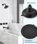 Matte Black Three Handle Tub And Shower Faucet Set With Brass Valve And Tub Spout 6 Inch Round Shower Head in bathroom