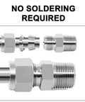 Close-up of 304 Stainless Steel Compression Tube Fitting One Quarter Inch Outer Diameter To One Quarter Inch NPT Male Union Connector Five Pack