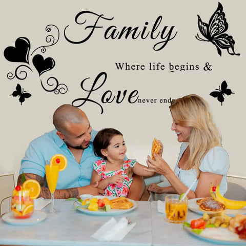Inspirational Family Wall Decal Set With Vase Blue Flower And Hearts Vinyl Lettering Quote for Living Room Bedroom and Dining Room