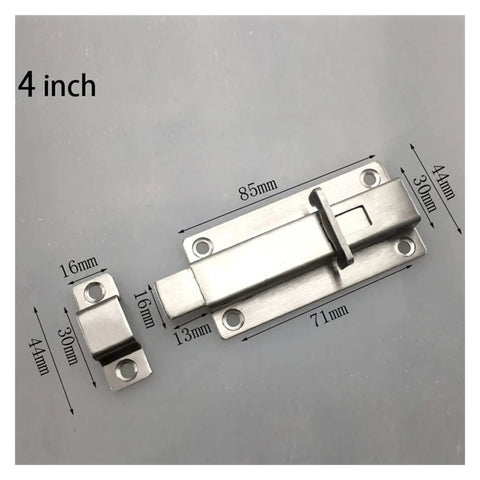 Heavy Duty Stainless Steel Sliding Door Barrel Bolt Spring Latch Gate Lock 4 inch size with mounting dimensions for secure installation.