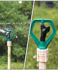 Two Pack Automatic Lawn Sprinklers For Garden Irrigation System spraying water on green lawn outdoors