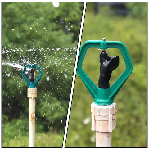 Two Pack Automatic Lawn Sprinklers For Garden Irrigation System spraying water on green lawn outdoors