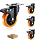 Heavy Duty 4 Inch Polyurethane Caster Wheels Set Of 4 Swivel Casters With Dual Lock Brakes showing wheel and box.