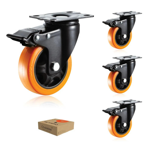 Heavy Duty 4 Inch Polyurethane Caster Wheels Set Of 4 Swivel Casters With Dual Lock Brakes showing wheel and box.