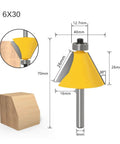 Chamfer router bit with 30 degree angle, 6mm shank size, used for beveled wood edges finishing.