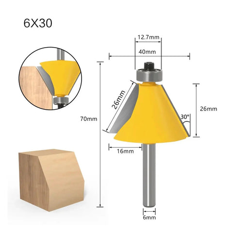 Chamfer router bit with 30 degree angle, 6mm shank size, used for beveled wood edges finishing.