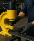 Square Hole Punch Die Set For CH-70 Hydraulic Punching in use, yellow hydraulic press punching metal for precise square holes.