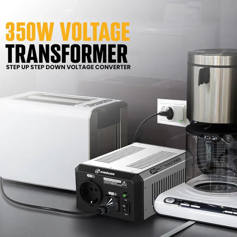 Voltage transformer next to toaster and coffee maker; 1150 Watt Step Up And Down Voltage Transformer For 110V 120V And 220V 240V Systems With Dual Outlets UL CSA MET Approved Heavy Duty Power Converter For Home Travel And Everyday Appliances