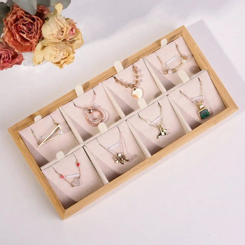 Retro Wooden Jewelry Organizer Tray With Eight Grids To Keep Your Bling Slick And Prevent Tangles While Displaying Necklaces And Earrings On Any Desk Surface.